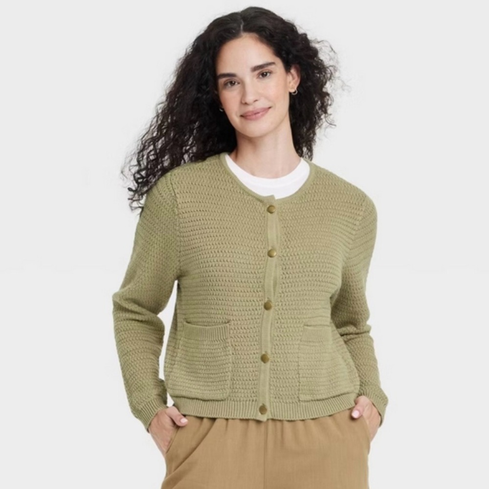 Universal Thread Green Cotton Sweater Cardigan Gold Buttons Pockets size Small